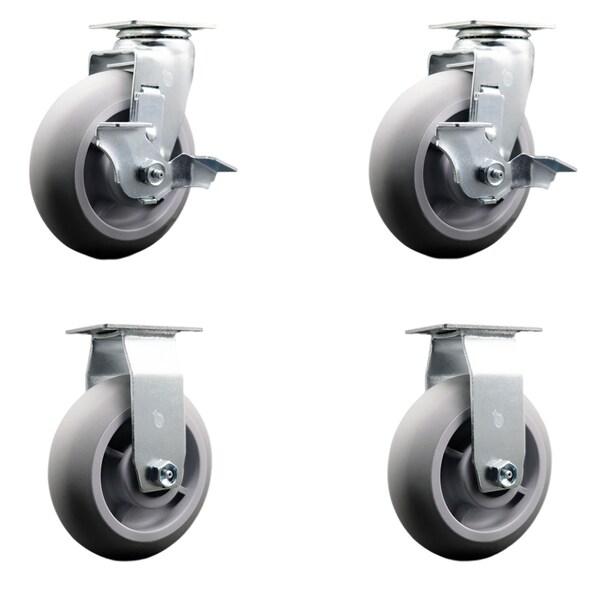 6 Inch Thermoplastic Rubber Caster Set with Ball Bearings 2 Brakes 2 Rigid
